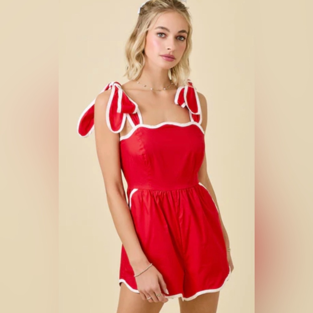 Red Tie-Shoulder Romper with Contrast Trim